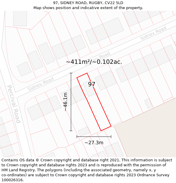 97, SIDNEY ROAD, RUGBY, CV22 5LD: Plot and title map