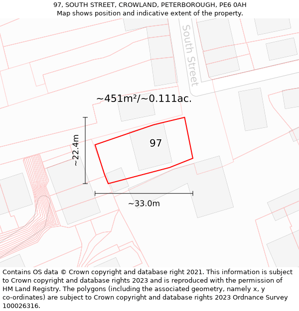 97, SOUTH STREET, CROWLAND, PETERBOROUGH, PE6 0AH: Plot and title map