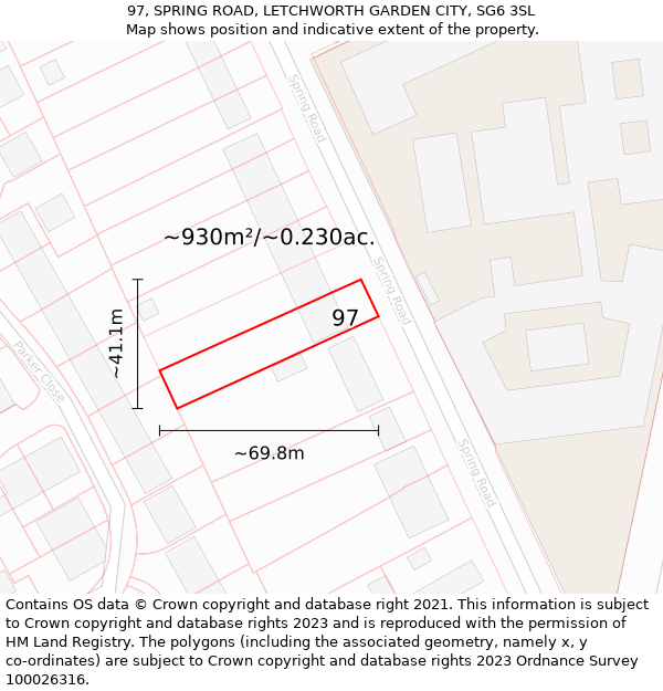 97, SPRING ROAD, LETCHWORTH GARDEN CITY, SG6 3SL: Plot and title map