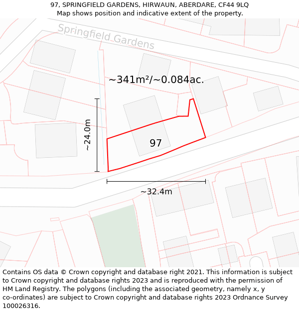 97, SPRINGFIELD GARDENS, HIRWAUN, ABERDARE, CF44 9LQ: Plot and title map