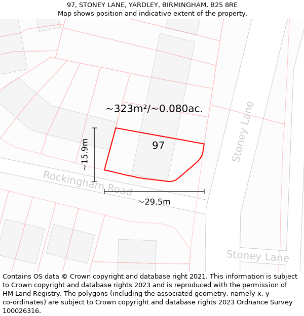 97, STONEY LANE, YARDLEY, BIRMINGHAM, B25 8RE: Plot and title map