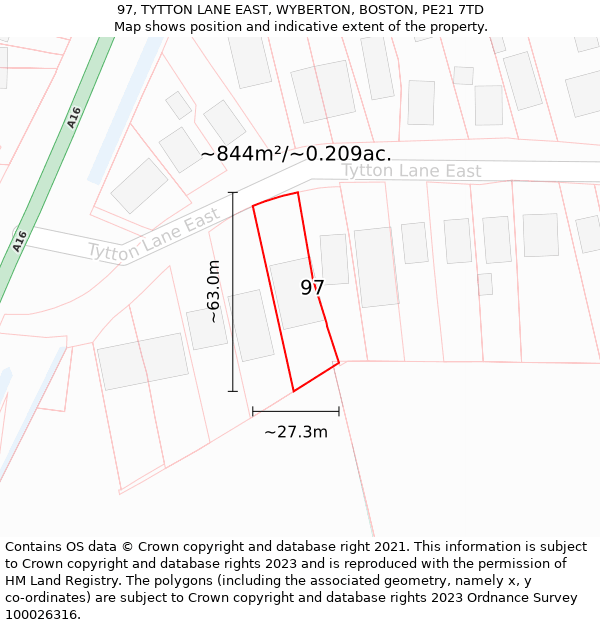 97, TYTTON LANE EAST, WYBERTON, BOSTON, PE21 7TD: Plot and title map