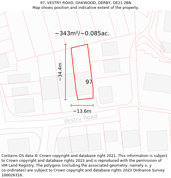 97, VESTRY ROAD, OAKWOOD, DERBY, DE21 2BN: Plot and title map