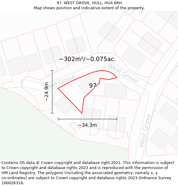 97, WEST GROVE, HULL, HU4 6RH: Plot and title map
