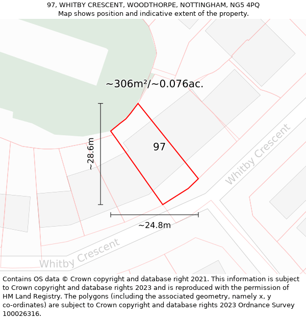 97, WHITBY CRESCENT, WOODTHORPE, NOTTINGHAM, NG5 4PQ: Plot and title map