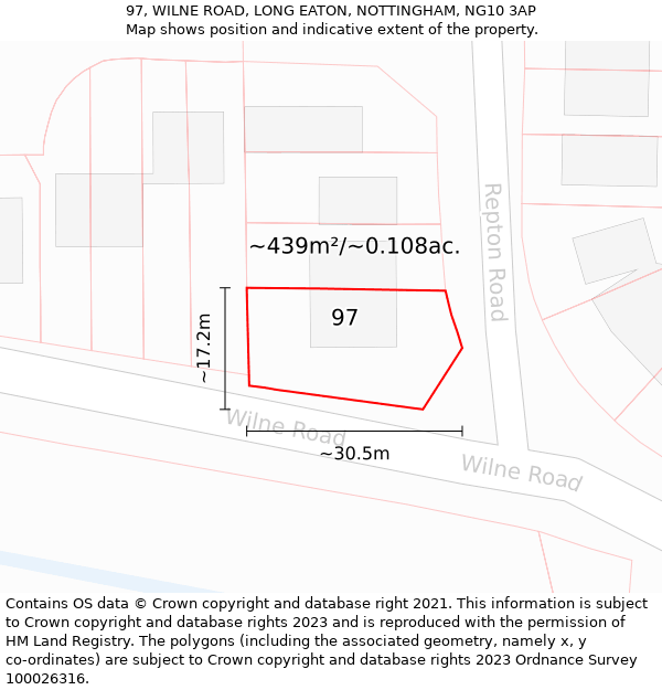 97, WILNE ROAD, LONG EATON, NOTTINGHAM, NG10 3AP: Plot and title map