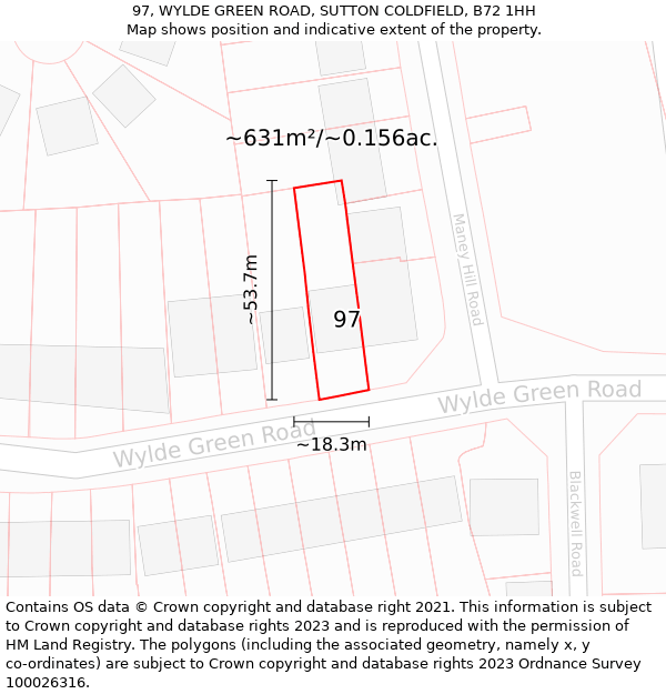 97, WYLDE GREEN ROAD, SUTTON COLDFIELD, B72 1HH: Plot and title map