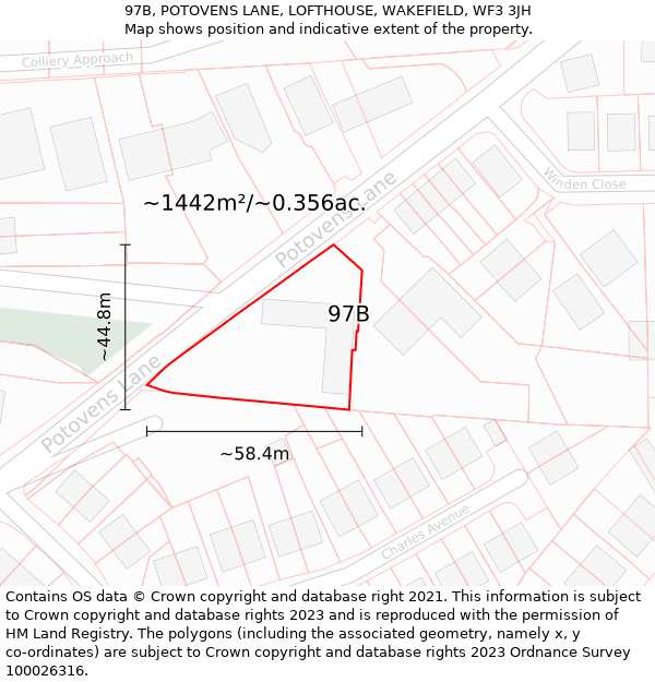97B, POTOVENS LANE, LOFTHOUSE, WAKEFIELD, WF3 3JH: Plot and title map