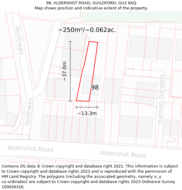 98, ALDERSHOT ROAD, GUILDFORD, GU2 8AQ: Plot and title map