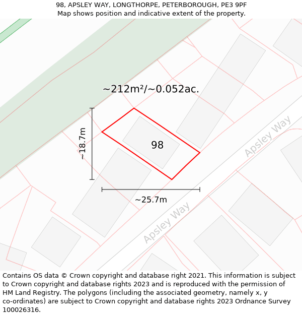 98, APSLEY WAY, LONGTHORPE, PETERBOROUGH, PE3 9PF: Plot and title map