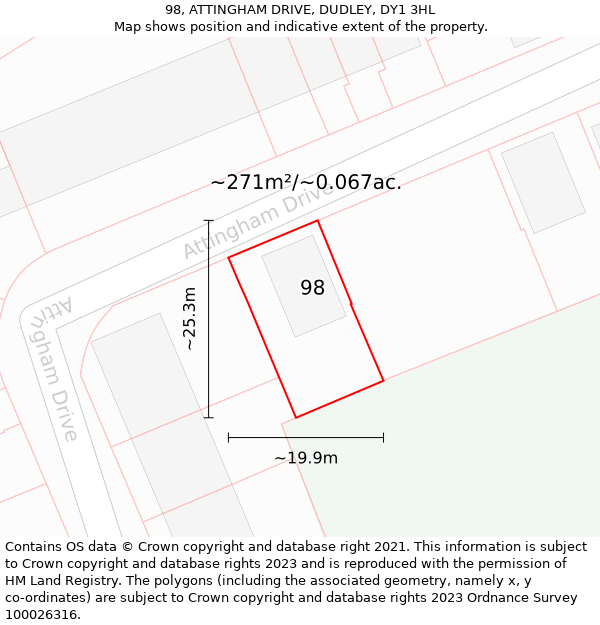 98, ATTINGHAM DRIVE, DUDLEY, DY1 3HL: Plot and title map