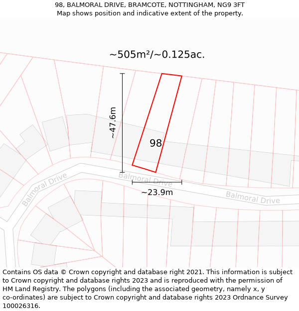 98, BALMORAL DRIVE, BRAMCOTE, NOTTINGHAM, NG9 3FT: Plot and title map