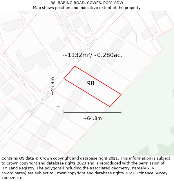 98, BARING ROAD, COWES, PO31 8DW: Plot and title map