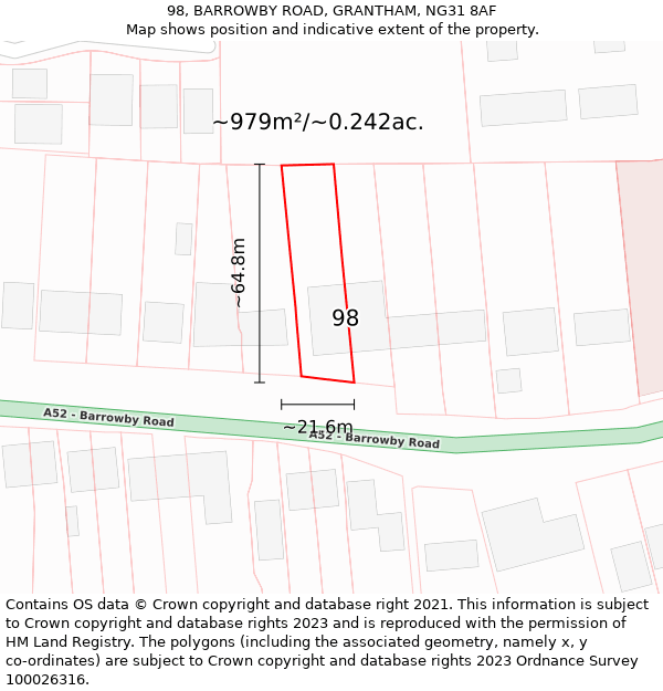 98, BARROWBY ROAD, GRANTHAM, NG31 8AF: Plot and title map