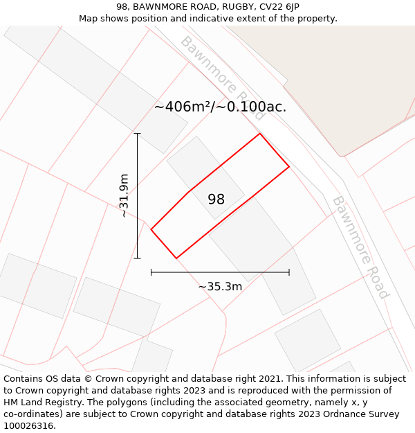 98, BAWNMORE ROAD, RUGBY, CV22 6JP: Plot and title map