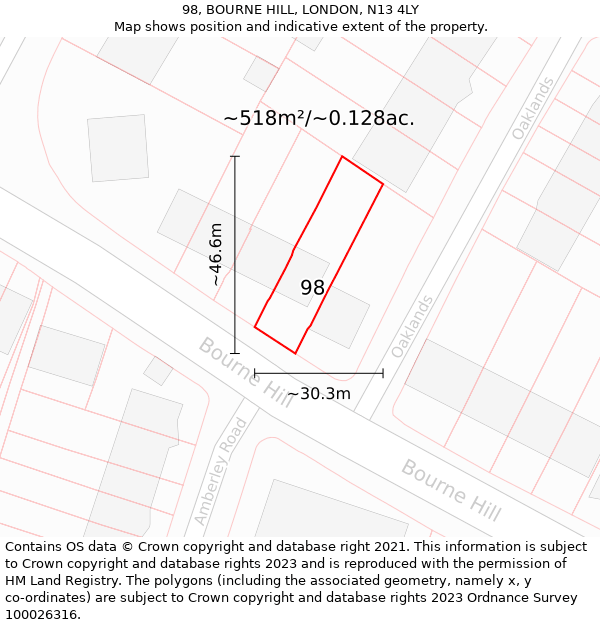 98, BOURNE HILL, LONDON, N13 4LY: Plot and title map