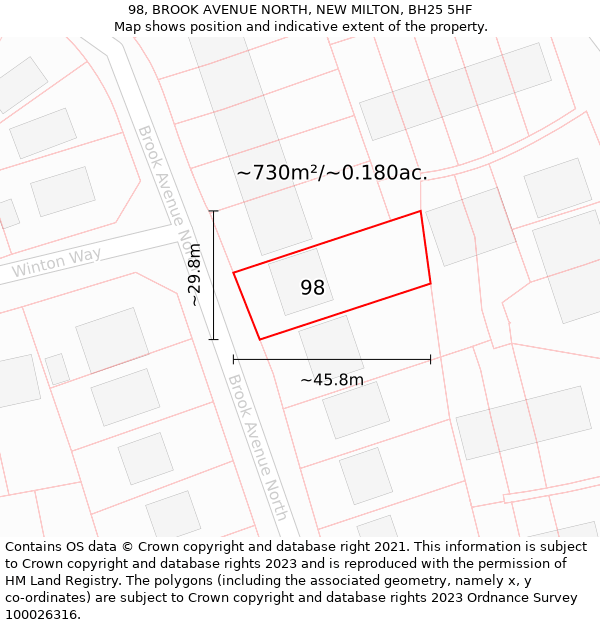 98, BROOK AVENUE NORTH, NEW MILTON, BH25 5HF: Plot and title map