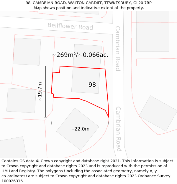 98, CAMBRIAN ROAD, WALTON CARDIFF, TEWKESBURY, GL20 7RP: Plot and title map