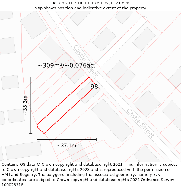 98, CASTLE STREET, BOSTON, PE21 8PR: Plot and title map