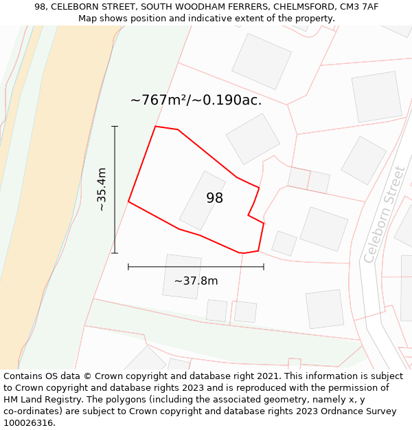 98, CELEBORN STREET, SOUTH WOODHAM FERRERS, CHELMSFORD, CM3 7AF: Plot and title map