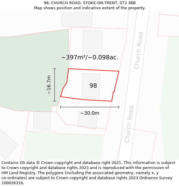 98, CHURCH ROAD, STOKE-ON-TRENT, ST3 3BB: Plot and title map