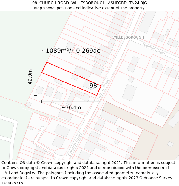 98, CHURCH ROAD, WILLESBOROUGH, ASHFORD, TN24 0JG: Plot and title map