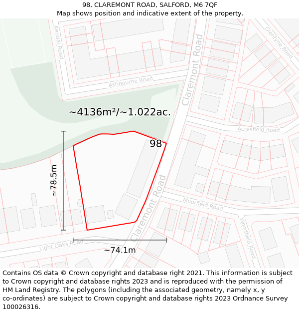 98, CLAREMONT ROAD, SALFORD, M6 7QF: Plot and title map