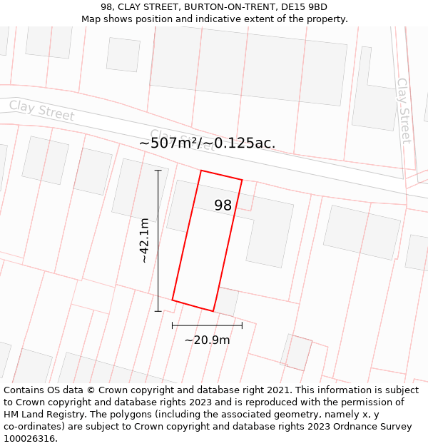 98, CLAY STREET, BURTON-ON-TRENT, DE15 9BD: Plot and title map
