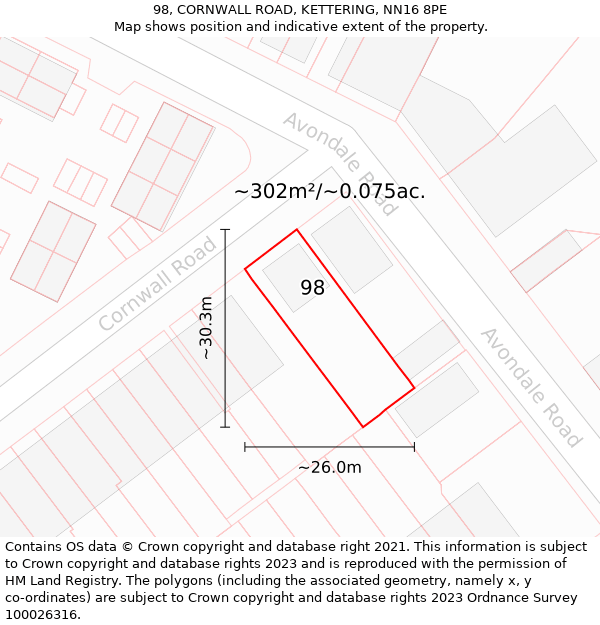 98, CORNWALL ROAD, KETTERING, NN16 8PE: Plot and title map