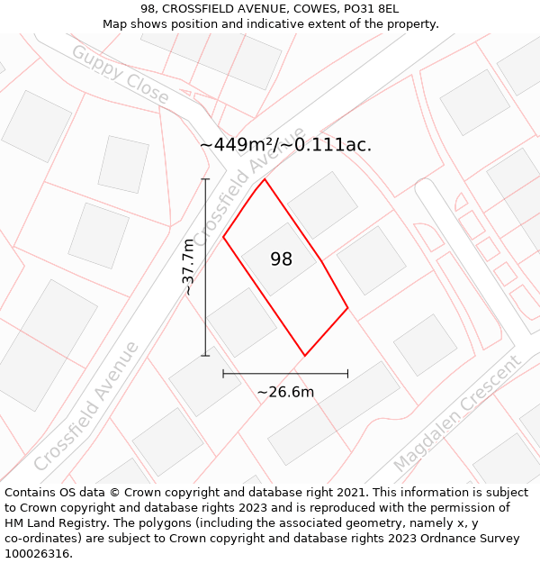 98, CROSSFIELD AVENUE, COWES, PO31 8EL: Plot and title map