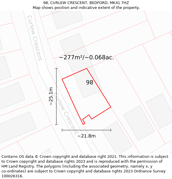 98, CURLEW CRESCENT, BEDFORD, MK41 7HZ: Plot and title map