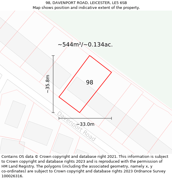 98, DAVENPORT ROAD, LEICESTER, LE5 6SB: Plot and title map
