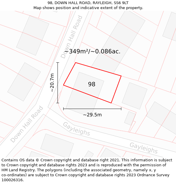 98, DOWN HALL ROAD, RAYLEIGH, SS6 9LT: Plot and title map