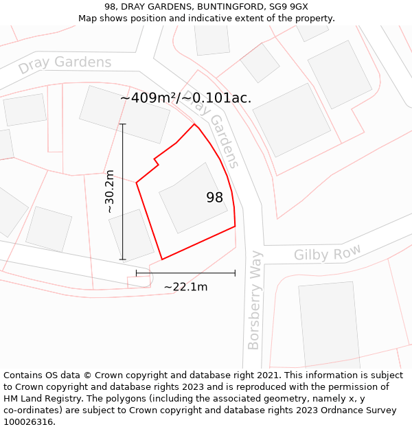 98, DRAY GARDENS, BUNTINGFORD, SG9 9GX: Plot and title map