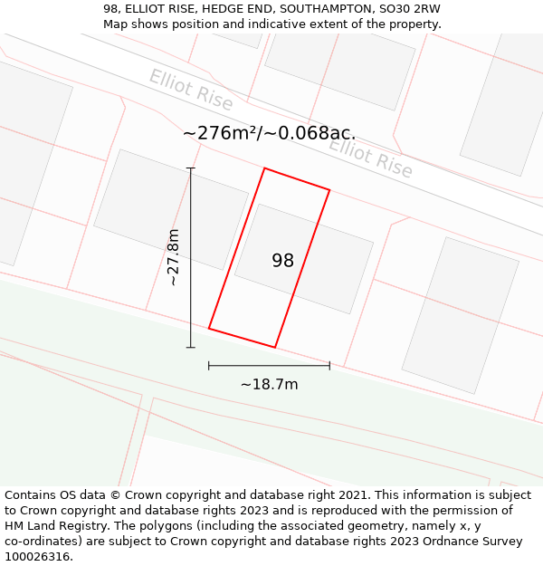 98, ELLIOT RISE, HEDGE END, SOUTHAMPTON, SO30 2RW: Plot and title map