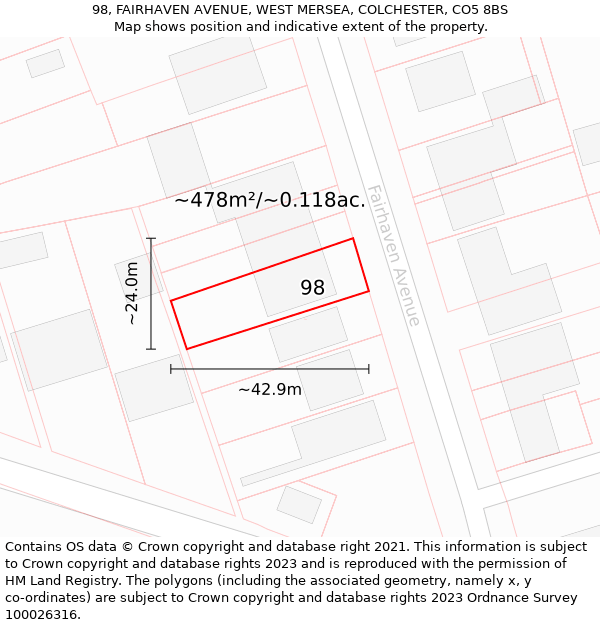 98, FAIRHAVEN AVENUE, WEST MERSEA, COLCHESTER, CO5 8BS: Plot and title map