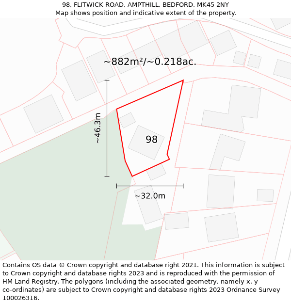 98, FLITWICK ROAD, AMPTHILL, BEDFORD, MK45 2NY: Plot and title map