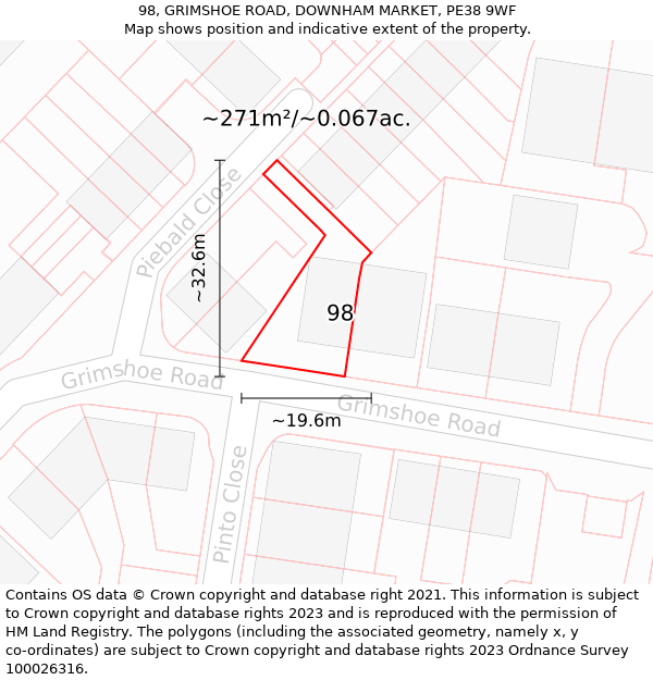 98, GRIMSHOE ROAD, DOWNHAM MARKET, PE38 9WF: Plot and title map