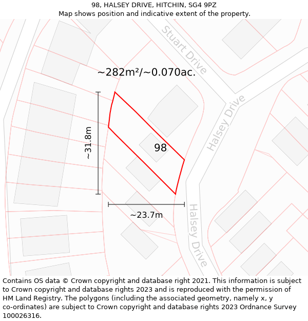 98, HALSEY DRIVE, HITCHIN, SG4 9PZ: Plot and title map