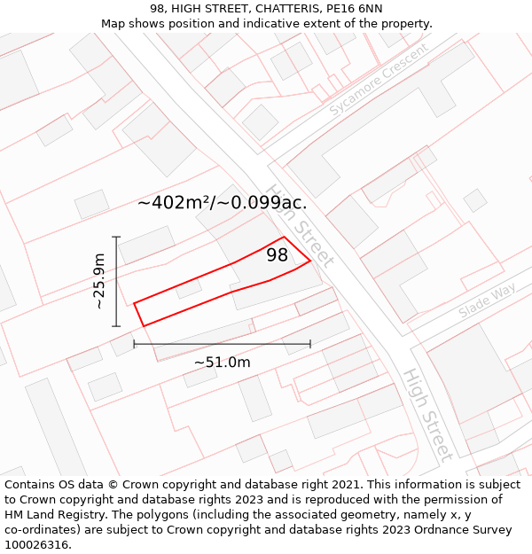 98, HIGH STREET, CHATTERIS, PE16 6NN: Plot and title map