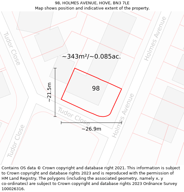 98, HOLMES AVENUE, HOVE, BN3 7LE: Plot and title map