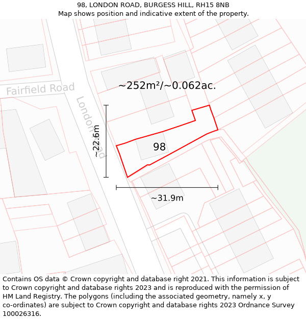 98, LONDON ROAD, BURGESS HILL, RH15 8NB: Plot and title map