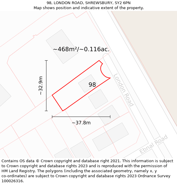 98, LONDON ROAD, SHREWSBURY, SY2 6PN: Plot and title map