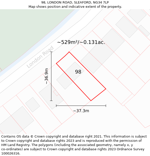 98, LONDON ROAD, SLEAFORD, NG34 7LP: Plot and title map