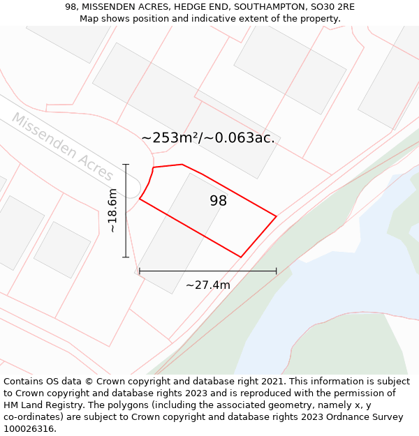 98, MISSENDEN ACRES, HEDGE END, SOUTHAMPTON, SO30 2RE: Plot and title map