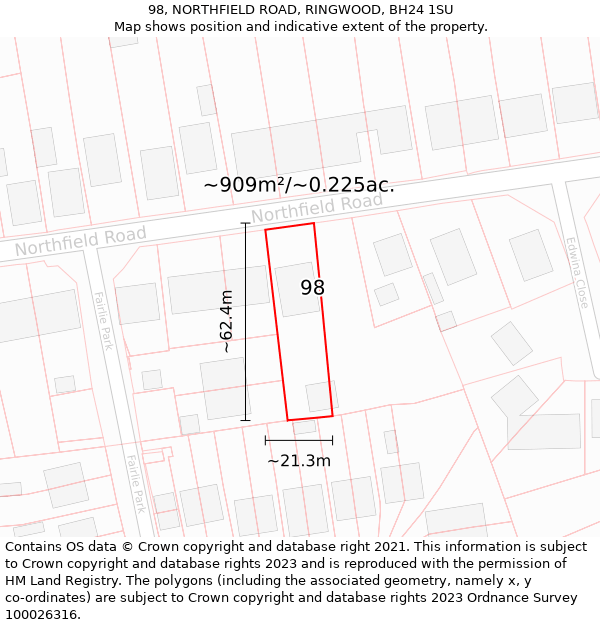 98, NORTHFIELD ROAD, RINGWOOD, BH24 1SU: Plot and title map