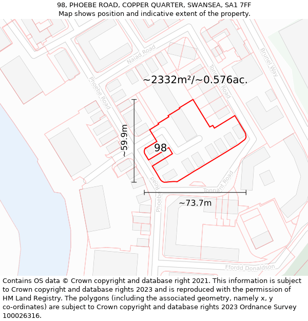 98, PHOEBE ROAD, COPPER QUARTER, SWANSEA, SA1 7FF: Plot and title map