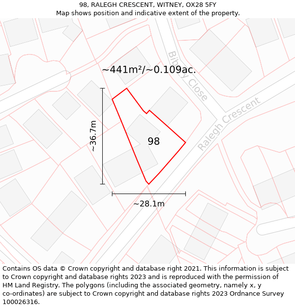 98, RALEGH CRESCENT, WITNEY, OX28 5FY: Plot and title map