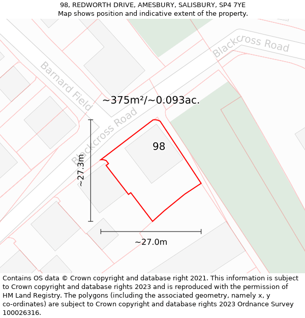 98, REDWORTH DRIVE, AMESBURY, SALISBURY, SP4 7YE: Plot and title map