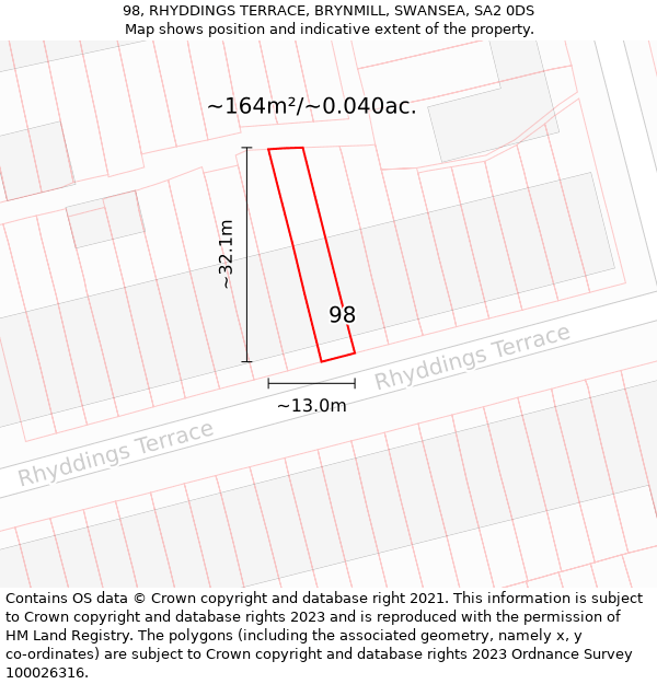 98, RHYDDINGS TERRACE, BRYNMILL, SWANSEA, SA2 0DS: Plot and title map